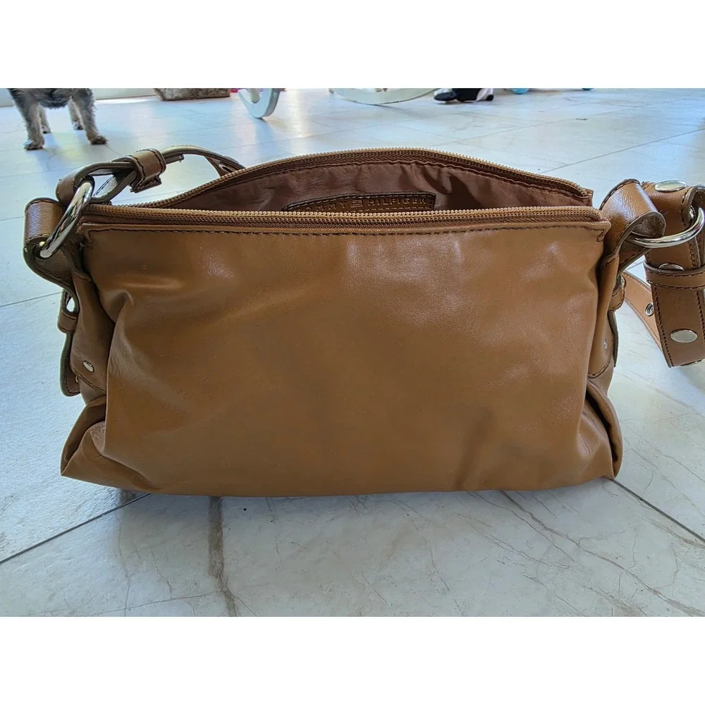 Tommy Hilfiger Tan Faux Leather Grommet Strap Shoulder Bag Slouchy Hobo Brown